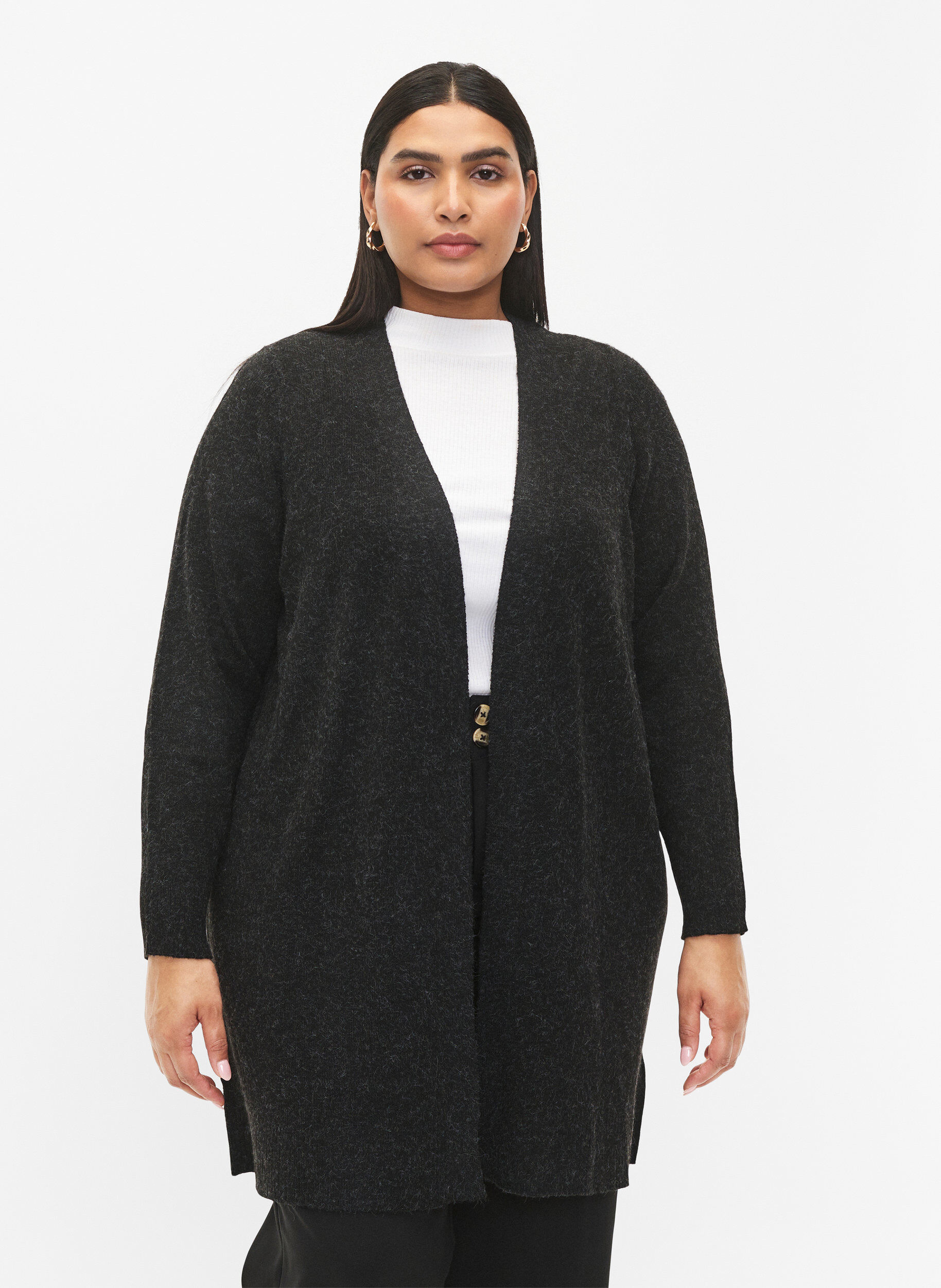 Zizzi Lang cardigan med &aring;pen front, Dark Grey Melange, Model image number 0