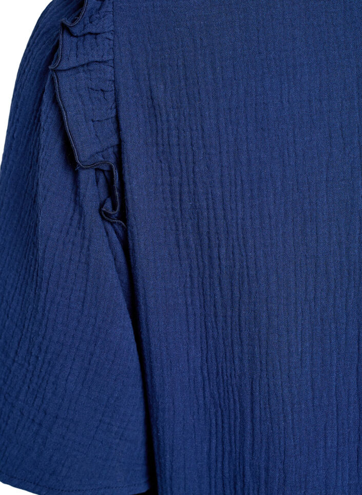 Bluse i bomullsmusselin med broderie anglaise og 1/2 ermer, Bl&aring;, Packshot image number 3