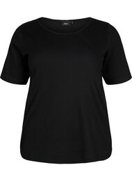 Kortermet bomullsbluse av ribbet materiale, Black