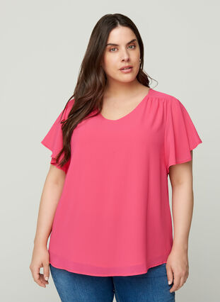 Bluse med korte ermer, Fandango Pink, Model image number 0