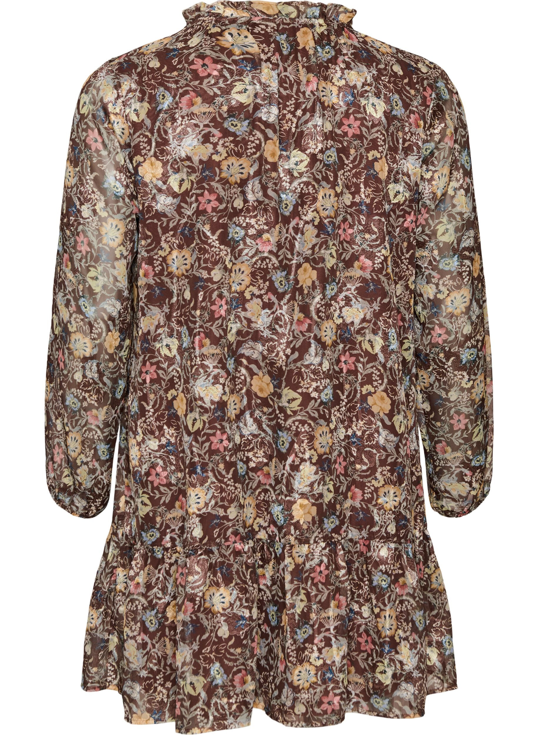 ZizziChiffonkjole med blomstertrykk og volanglag, Brun, Packshot image number 1