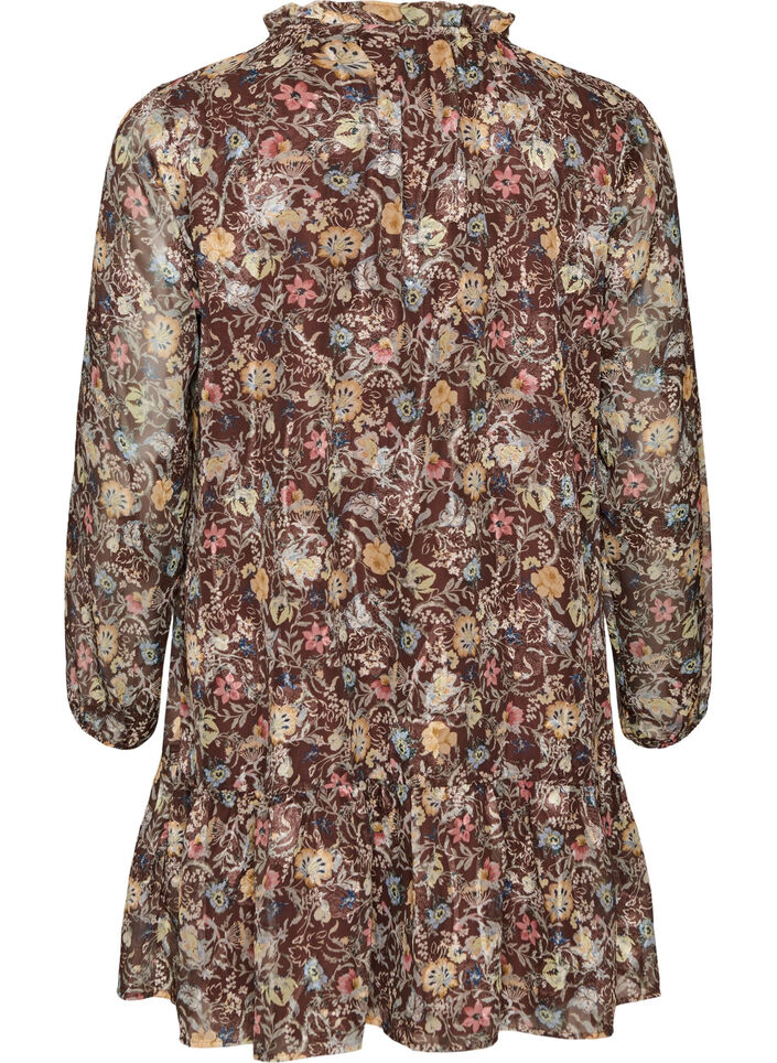 Chiffonkjole med blomstertrykk og volanglag, Brun, Packshot image number 1