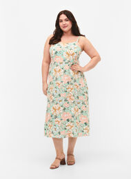 Blomstrete kjole med stropper i viskose med smock, Green Flower, Model