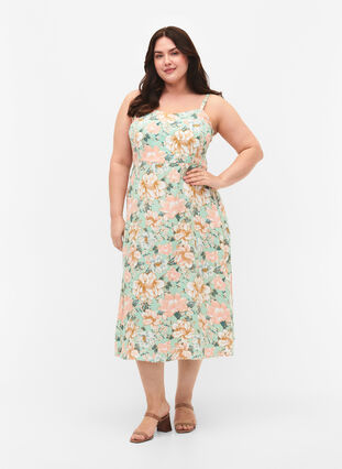 Blomstrete kjole med stropper i viskose med smock, Green Flower, Model image number 0