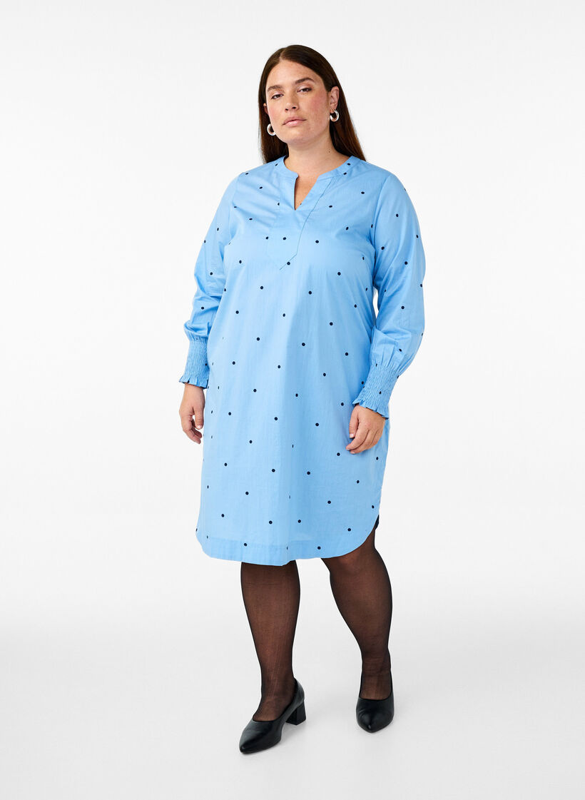 Kjole med prikker og lange ermer, Blå, Model image number 1