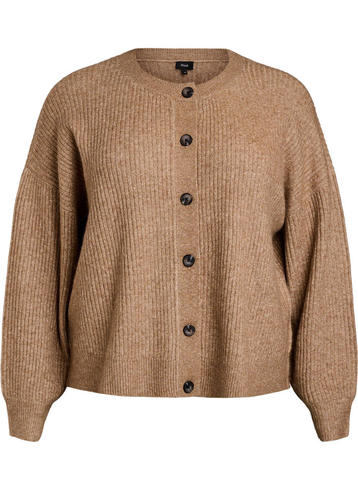 Ribbestrikket cardigan med knapper, Brun, Packshot image number 0