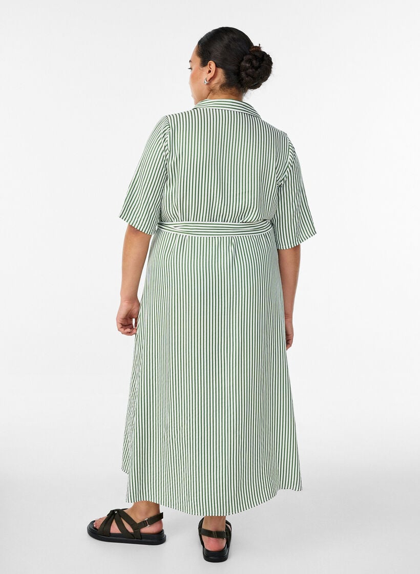 Skjortekjole i ankellengde med bindebelte og striper, Gr&oslash;nn, Model image number 1