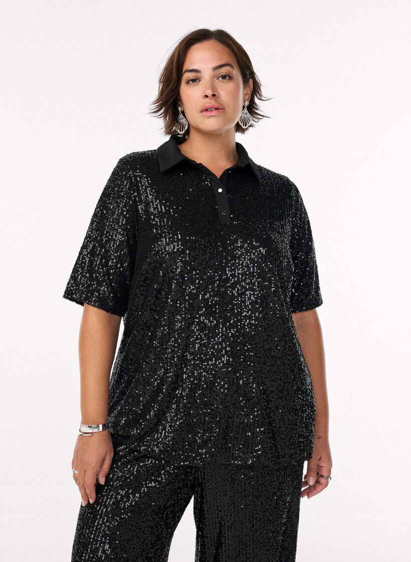 Bluse med paljetter, poloskjorte-krage og korte ermer, Svart, Model