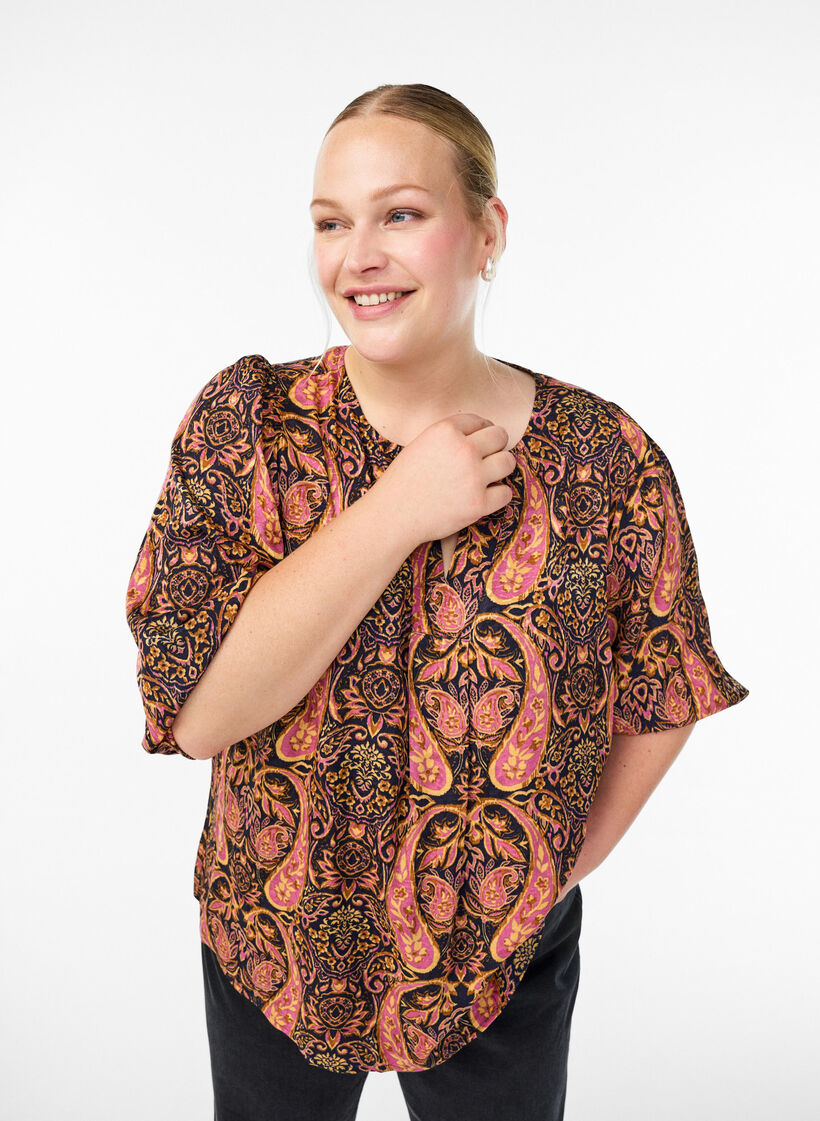 Bluse med paisleymønster og 3/4 ermer, Blå, Model image number 3