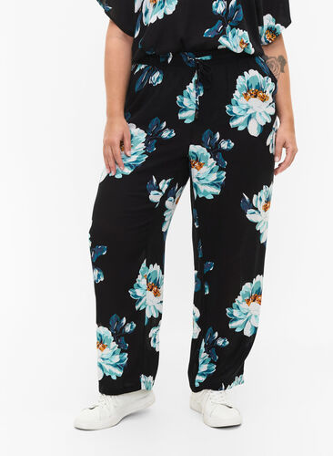 Bukser i viskose med knyting, Black Big Flower, Model image number 2
