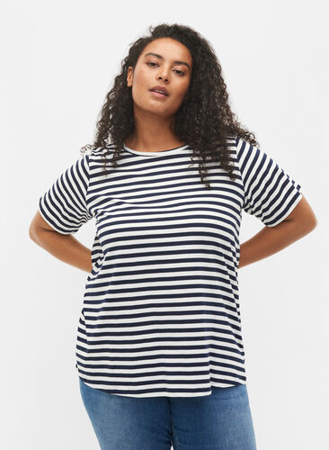 Basis T-skjorter i bomull, 2 stk., Navy/Navy Stripe, Model image number 0