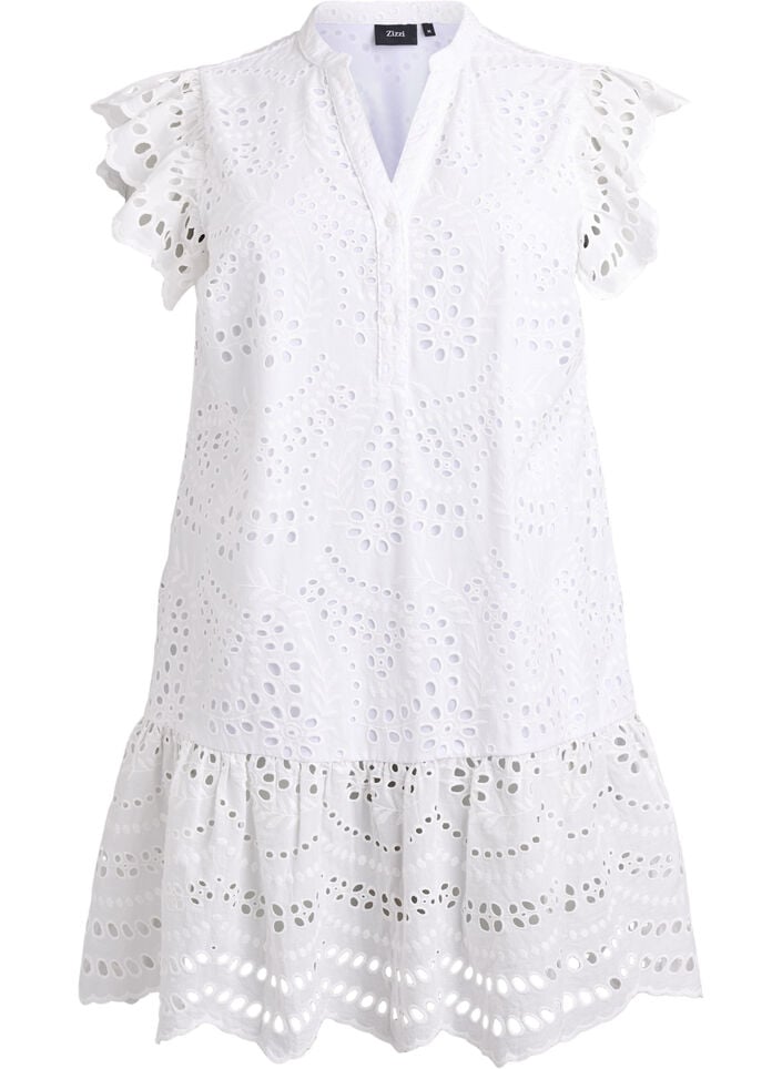 Kjole med broderie anglaise og volangermer, Hvit, Packshot image number 0