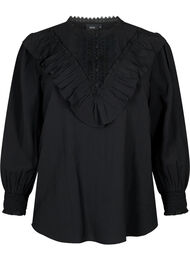 Bluse i viskose med volanger og broderidetaljer, Black