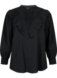 Bluse i viskose med volanger og broderidetaljer, Black Bluse i viskose med volanger og broderidetaljer