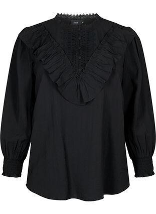 Bluse i viskose med volanger og broderidetaljer, Black, Packshot image number 0