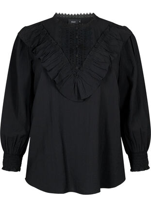 Zizzi Bluse i viskose med volanger og broderidetaljer, Black, Packshot image number 0