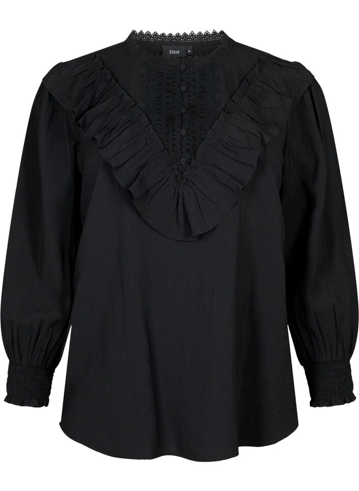 Bluse i viskose med volanger og broderidetaljer, Black, Packshot image number 0