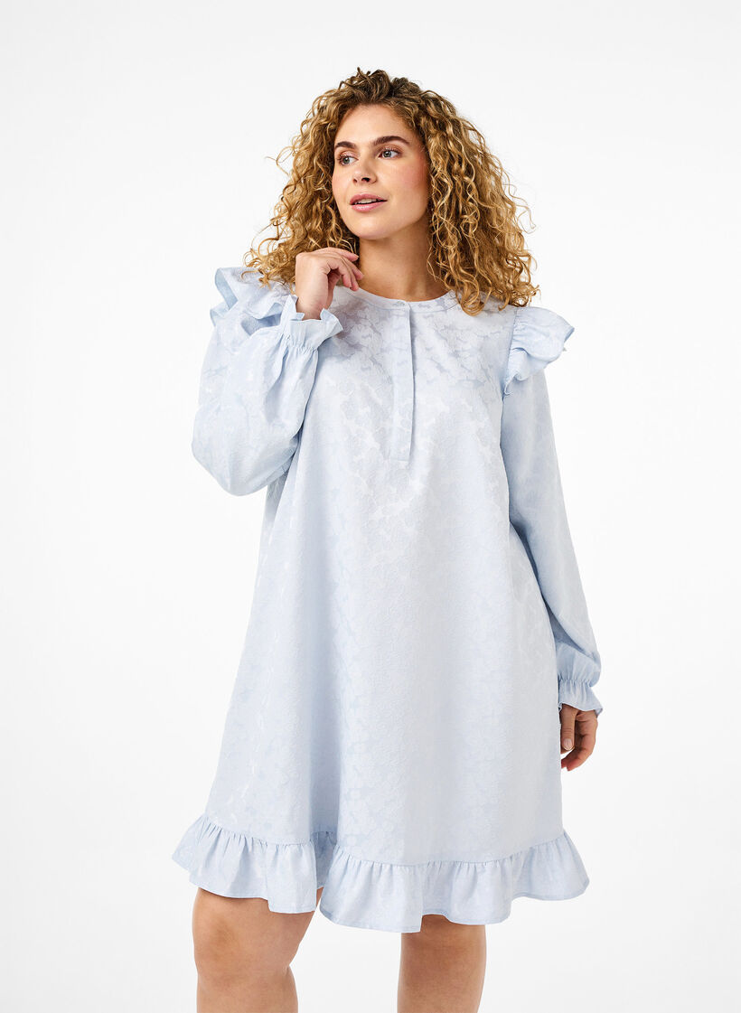 Jacquardkjole med lange ermer og volangdetalj, Blå, Model image number 0