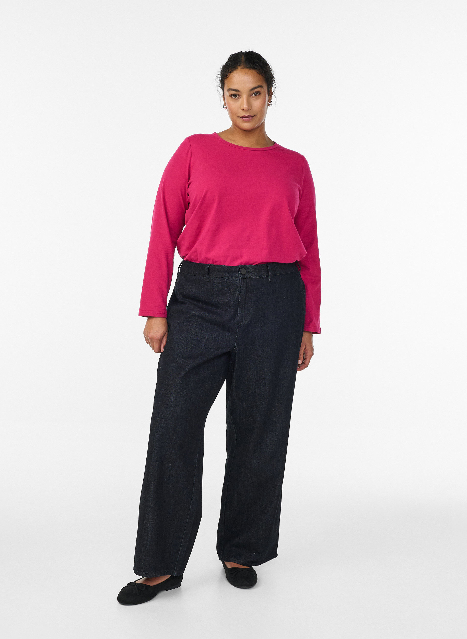 Zizzi Basis jersey topp med lange ermer, Rosa, Model image number 1