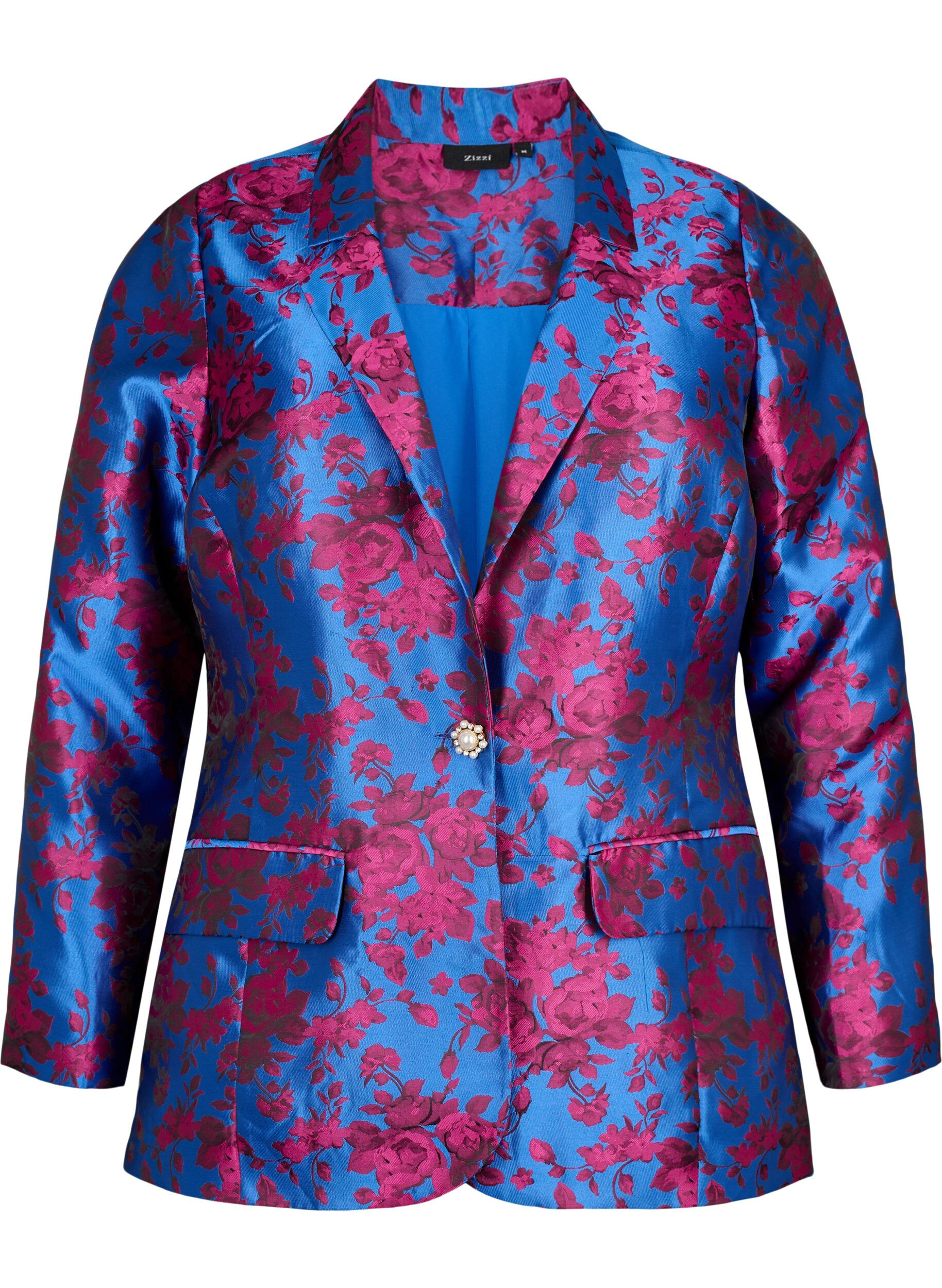 Zizzi Blomstret blazer med perleknapp, Blue Quartz Jaquard, Packshot image number 0