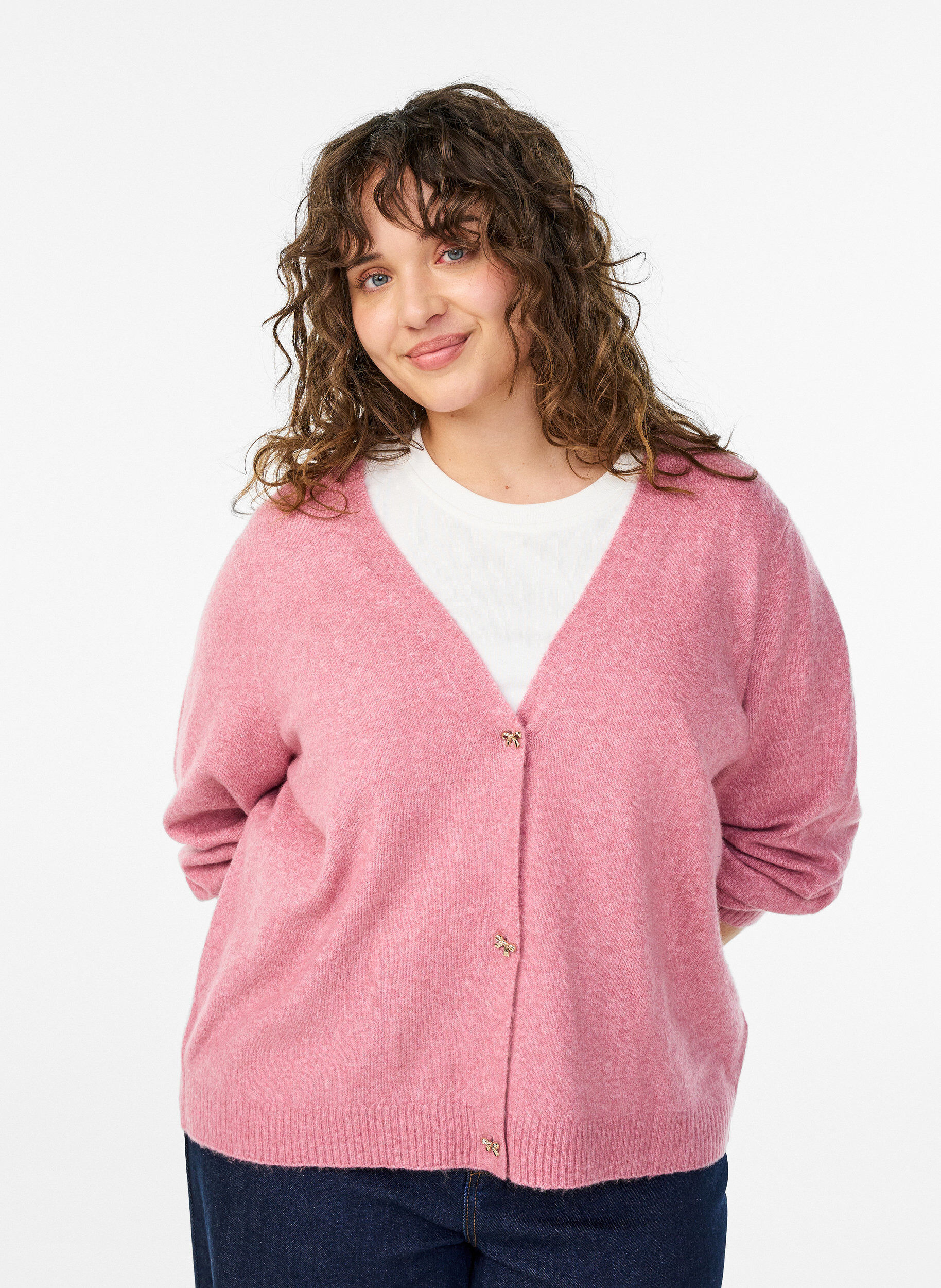 Strikkecardigan med ull og sl&oslash;yfeknapper, Rosa, Model