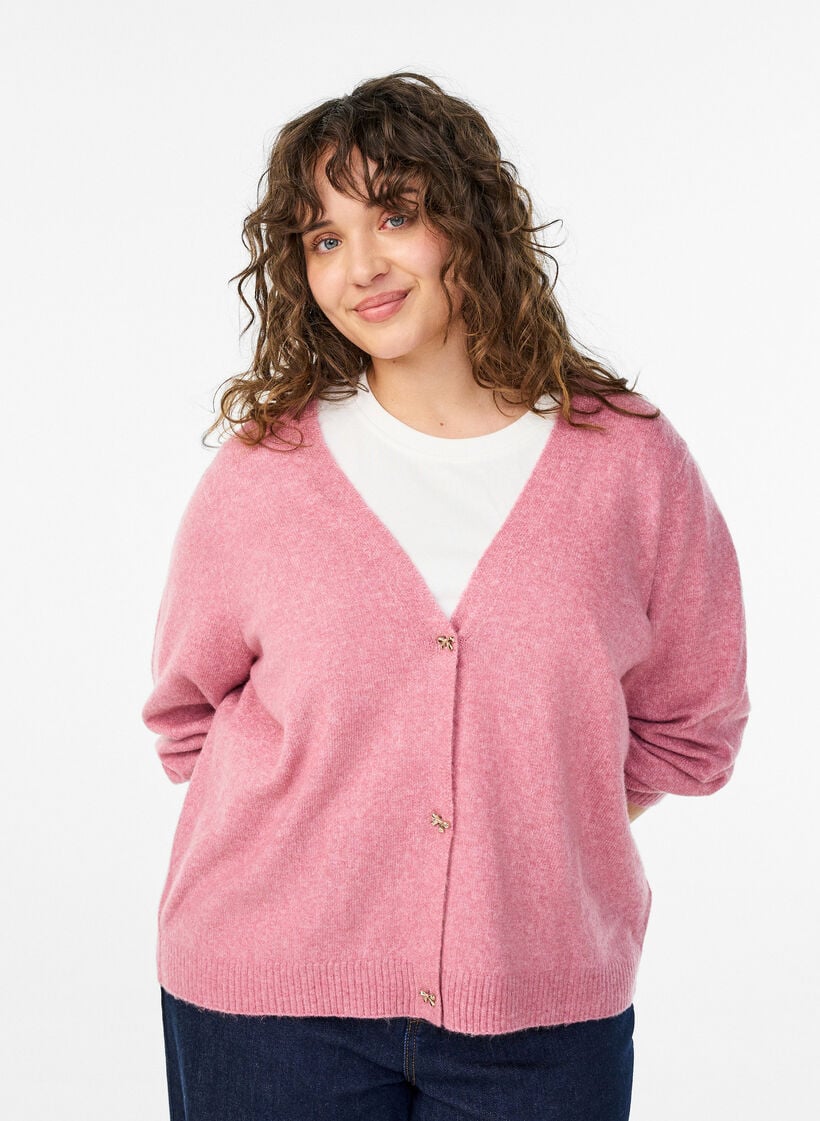 Strikkecardigan med ull og sløyfeknapper, Rosa, Model image number 0