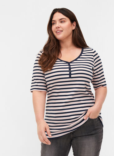 Stripete T-skjorte i bomull med ribbet struktur, Blue Rose Stripe, Model image number 0