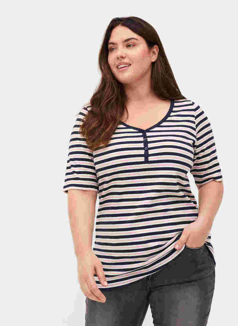 Stripete T-skjorte i bomull med ribbet struktur, Blue Rose Stripe, Model