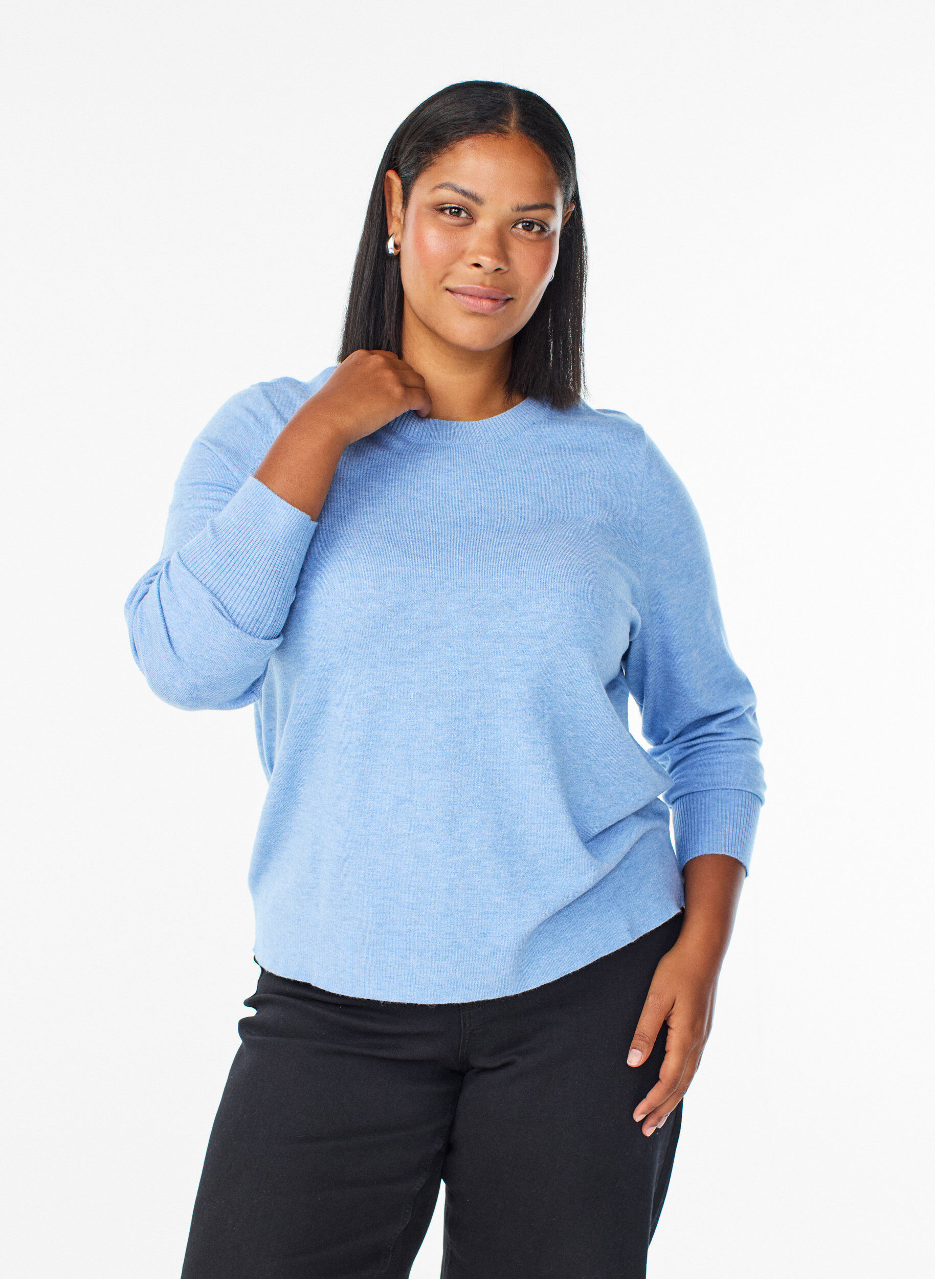 ZizziStrikket bluse med rund hals, Bl&aring;, Model image number 0