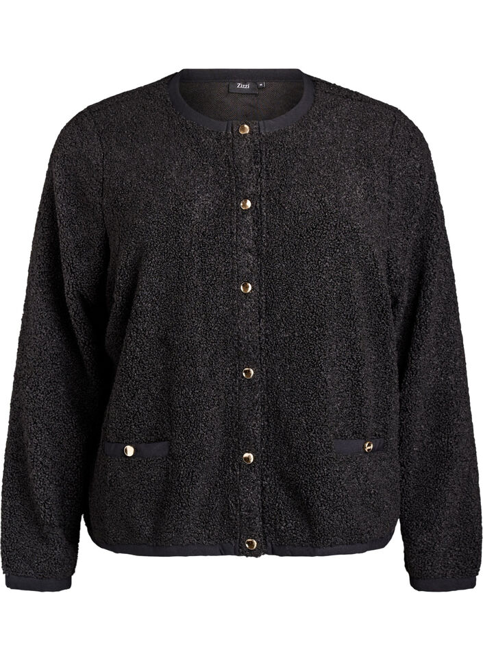 Teddy cardigan med gullfargede knapper, Svart, Packshot image number 0