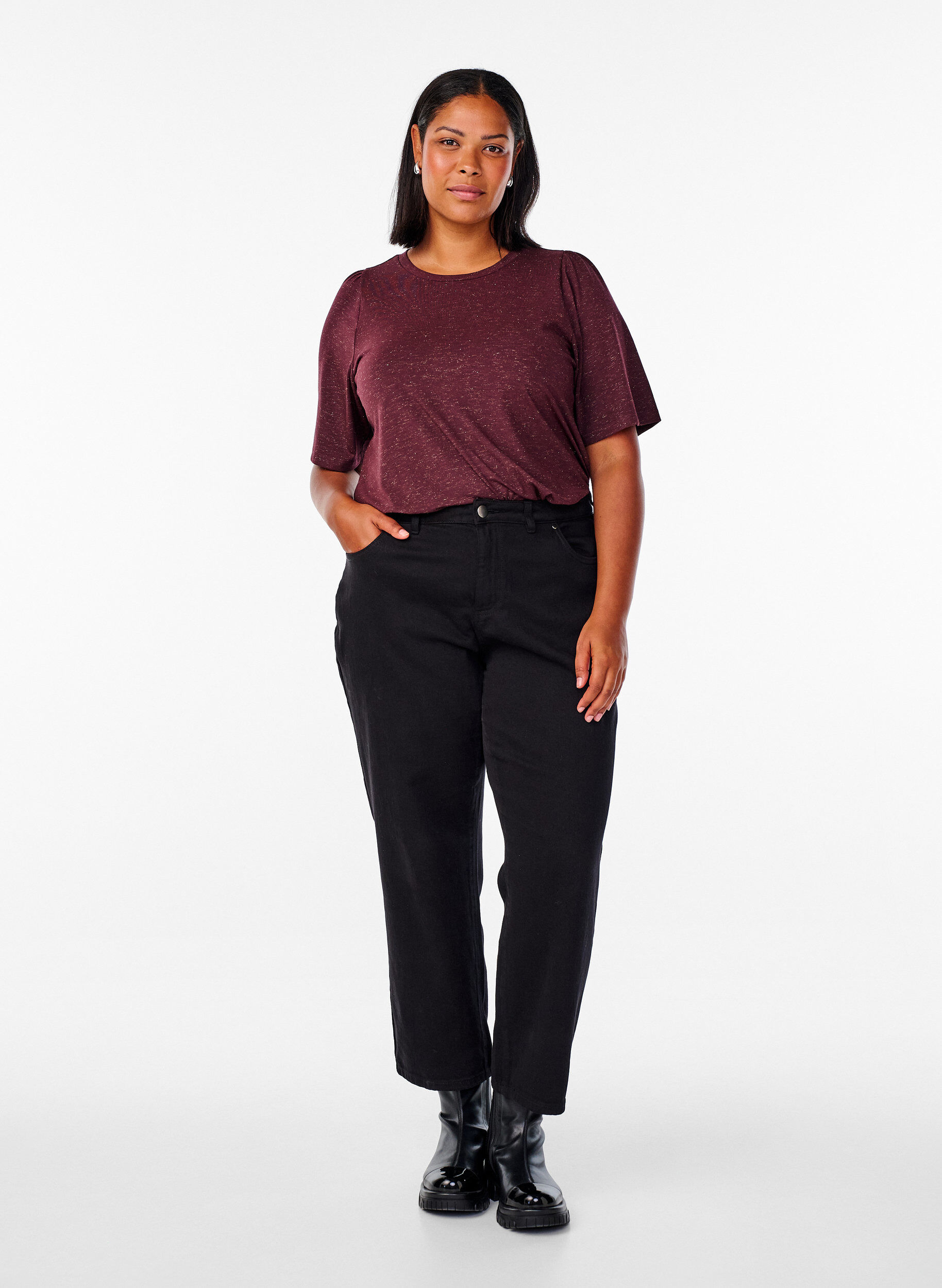 Zizzi T-skjorte med glitter og korte puffermet, M&oslash;rk Bordeaux, Model image number 1