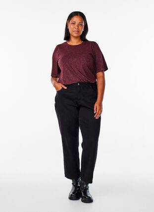 Zizzi T-skjorte med glitter og korte puffermet, Mørk Bordeaux, Model image number 1