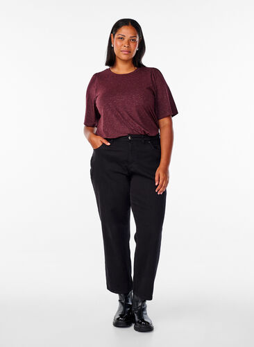 Zizzi T-skjorte med glitter og korte puffermet, Mørk Bordeaux, Model image number 1