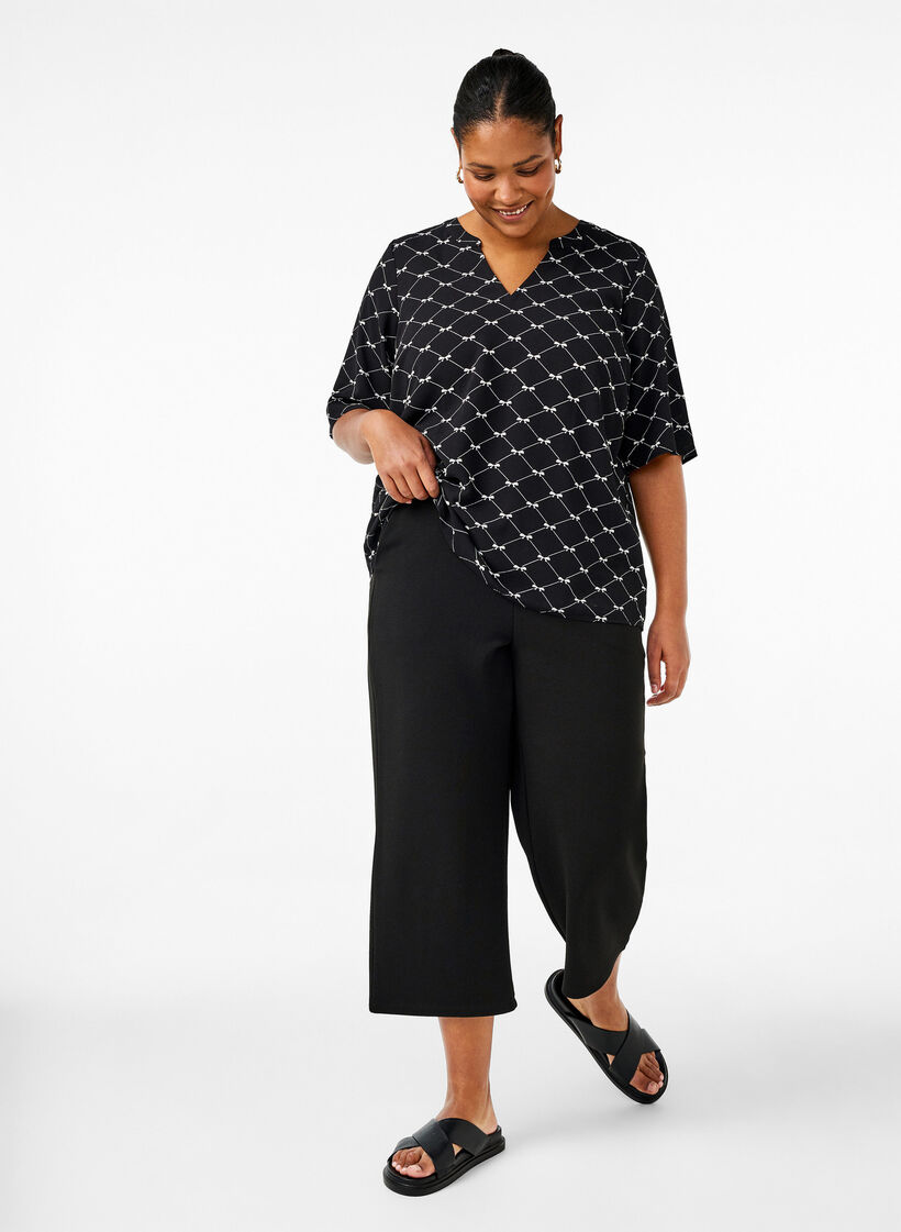 Bluse med V-hals og sløyfetrykk, Black Bow AOP, Model image number 2