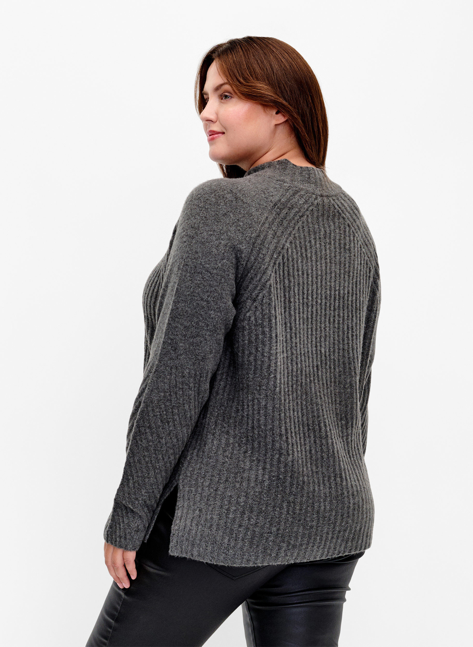 Zizzi Genser med turtleneck og ribbestrikket struktur	, Dark Grey Melange, Model image number 1