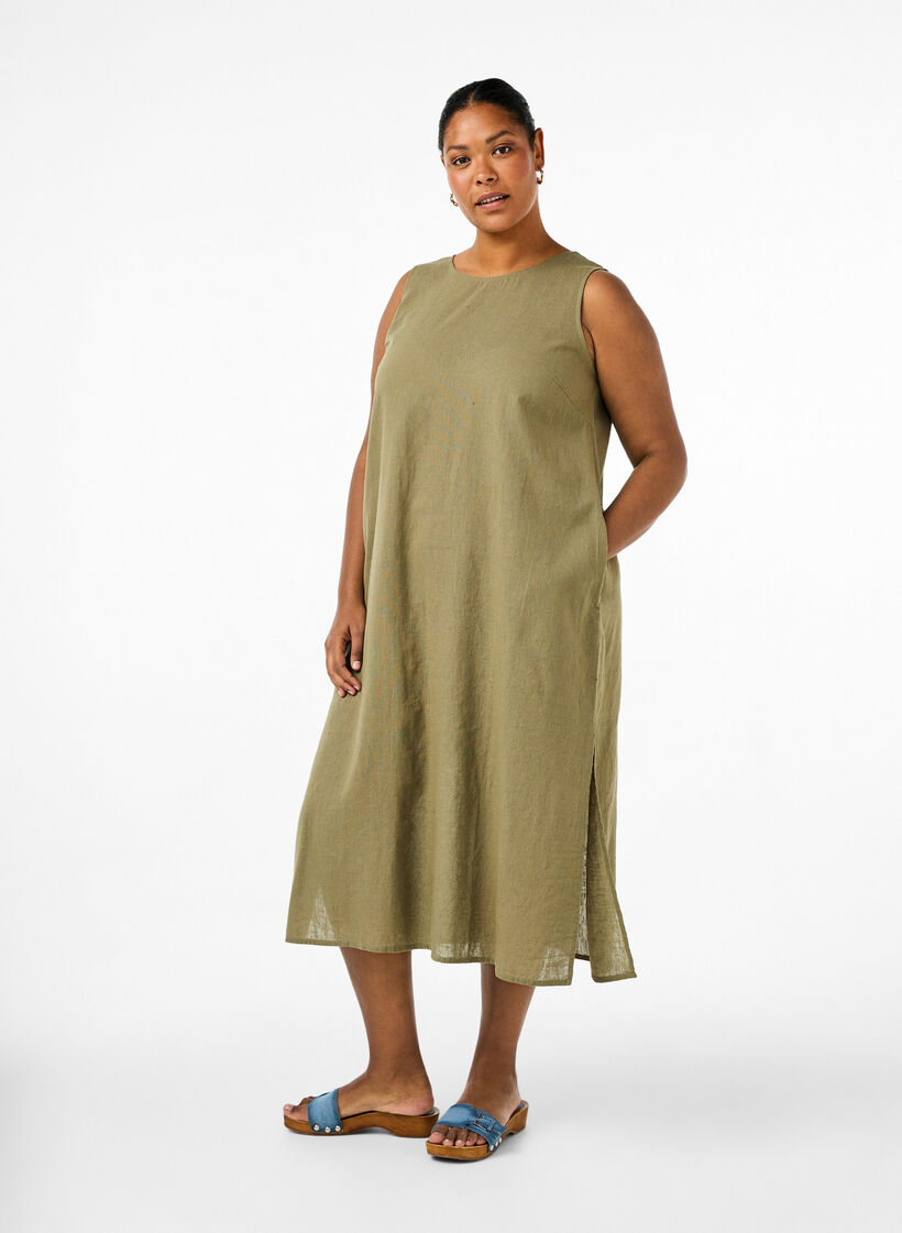 Ermeløs kjole i bomullsblanding med lin, Deep Lichen Green, Model image number 0