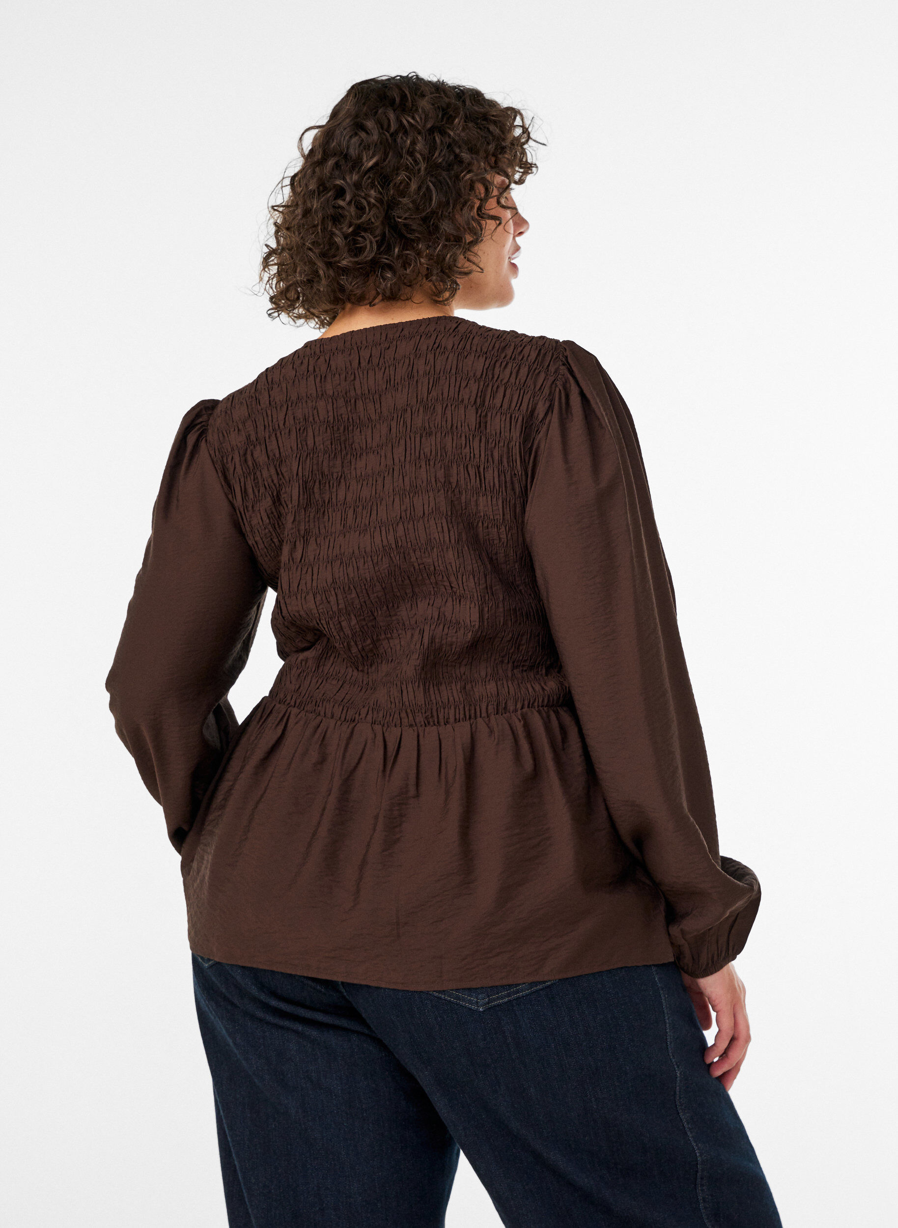 ZizziBluse med smock og lange ermer, Brun, Model image number 2