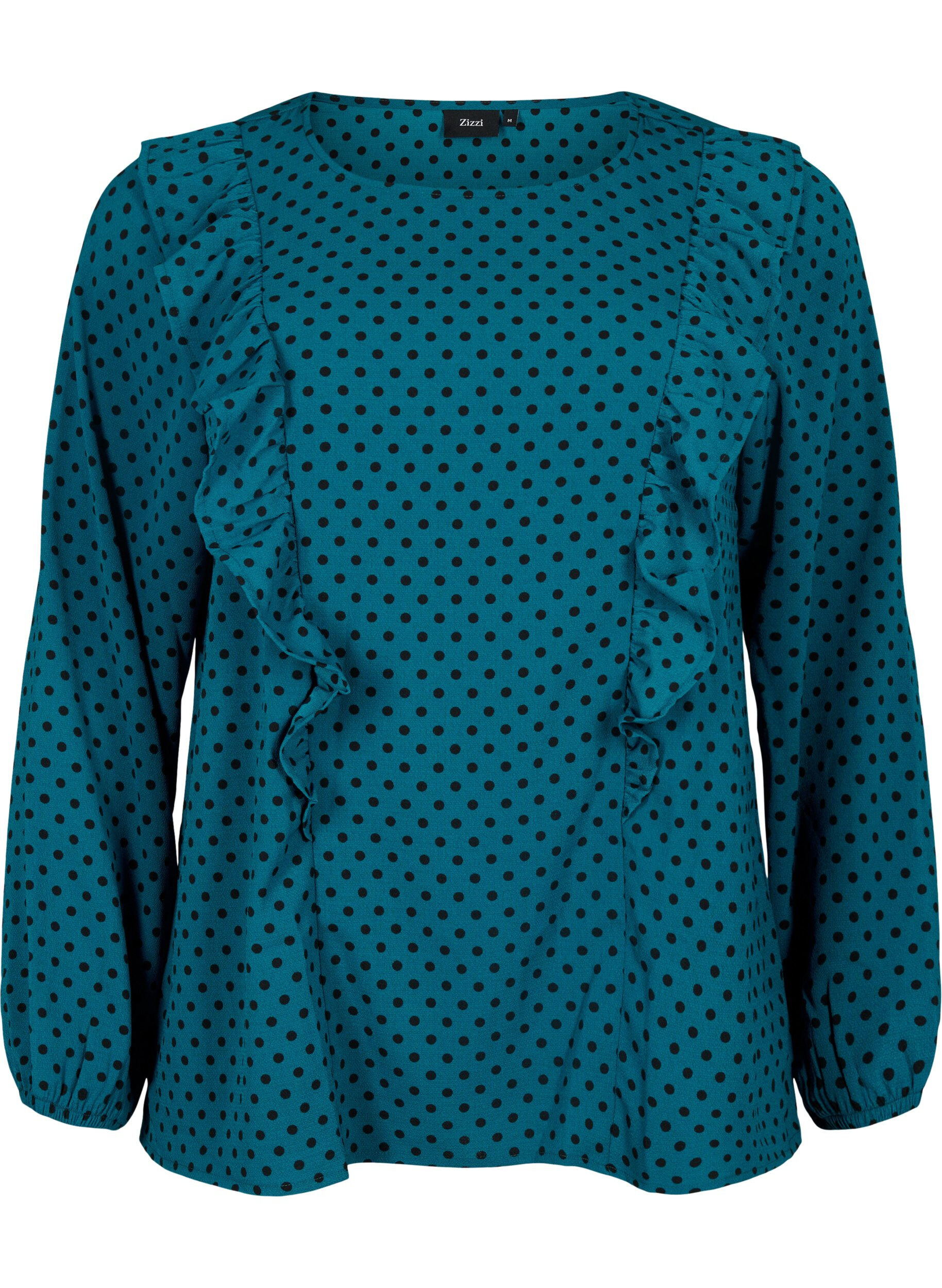 Zizzi Bluse med lange ermer og volanger, Shaded Spruce Dot, Packshot image number 0