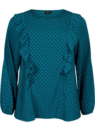 Bluse med lange ermer og volanger, Shaded Spruce Dot, Packshot image number 0