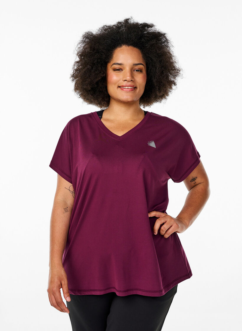 Løstsittende trenings-t-skjorte med V-hals, Grape Wine, Model