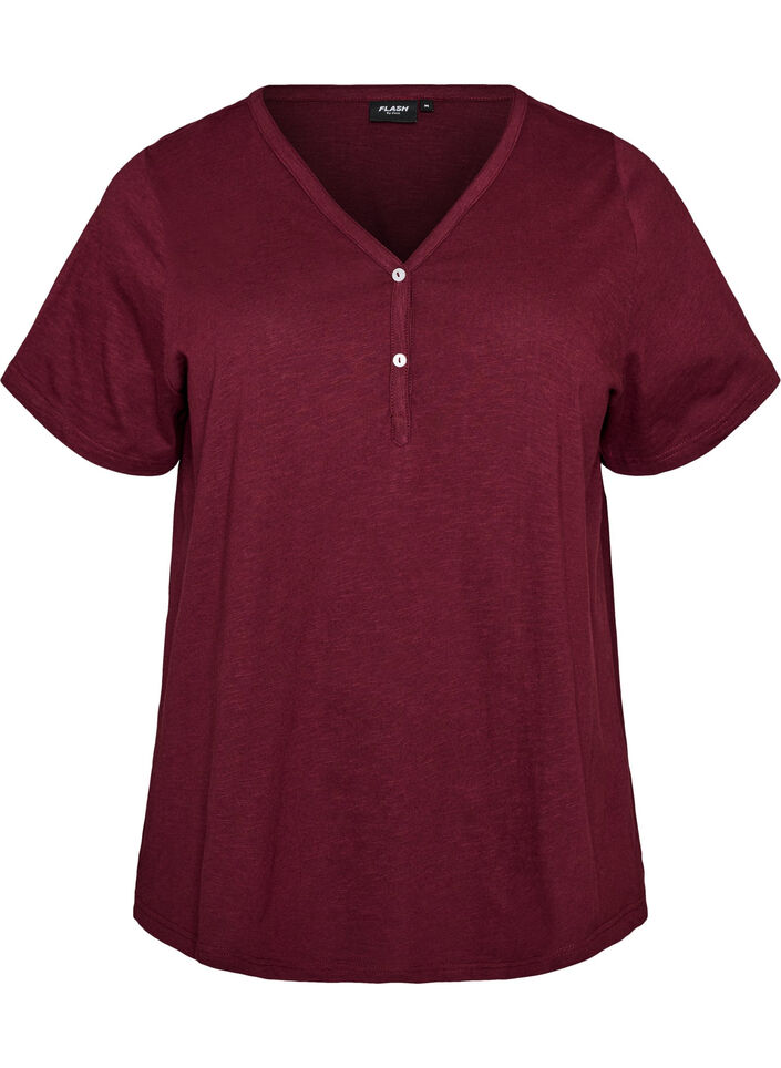 T-skjorte med knappdetalj, M&oslash;rk Bordeaux, Packshot image number 0