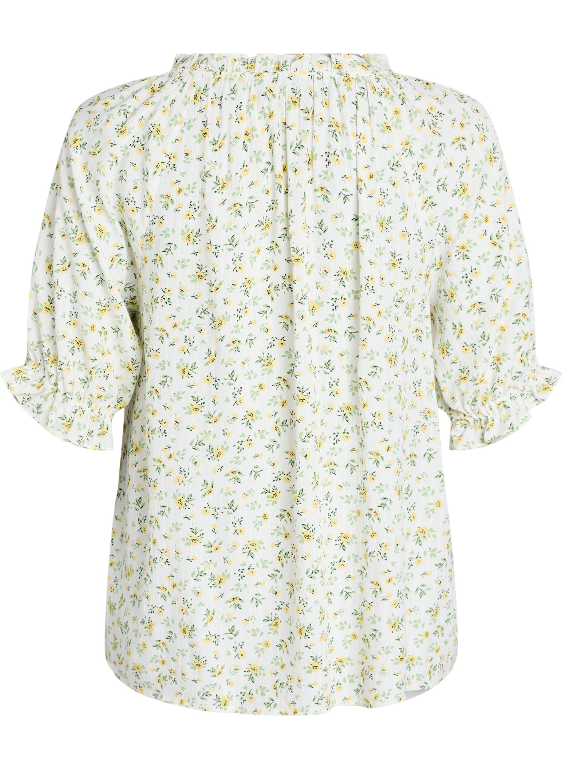 ZizziBlomstret viskosebluse med halvlange ermer, Hvit, Packshot image number 1