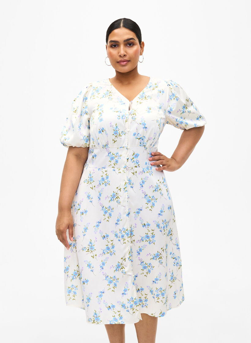 Blomstret satengkjole med puffermer, Off White Blue Fl., Model image number 0