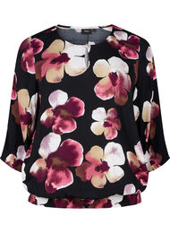 Viskosebluse med trykk og vaffelsøm, Black Pink FlowerAOP