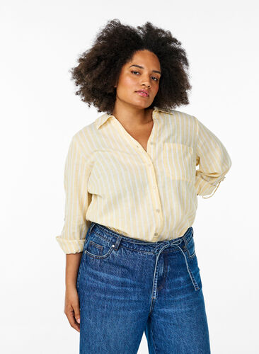 Zizzi Skjorte i lin og viskose med 3/4 ermer, Beige, Model image number 0