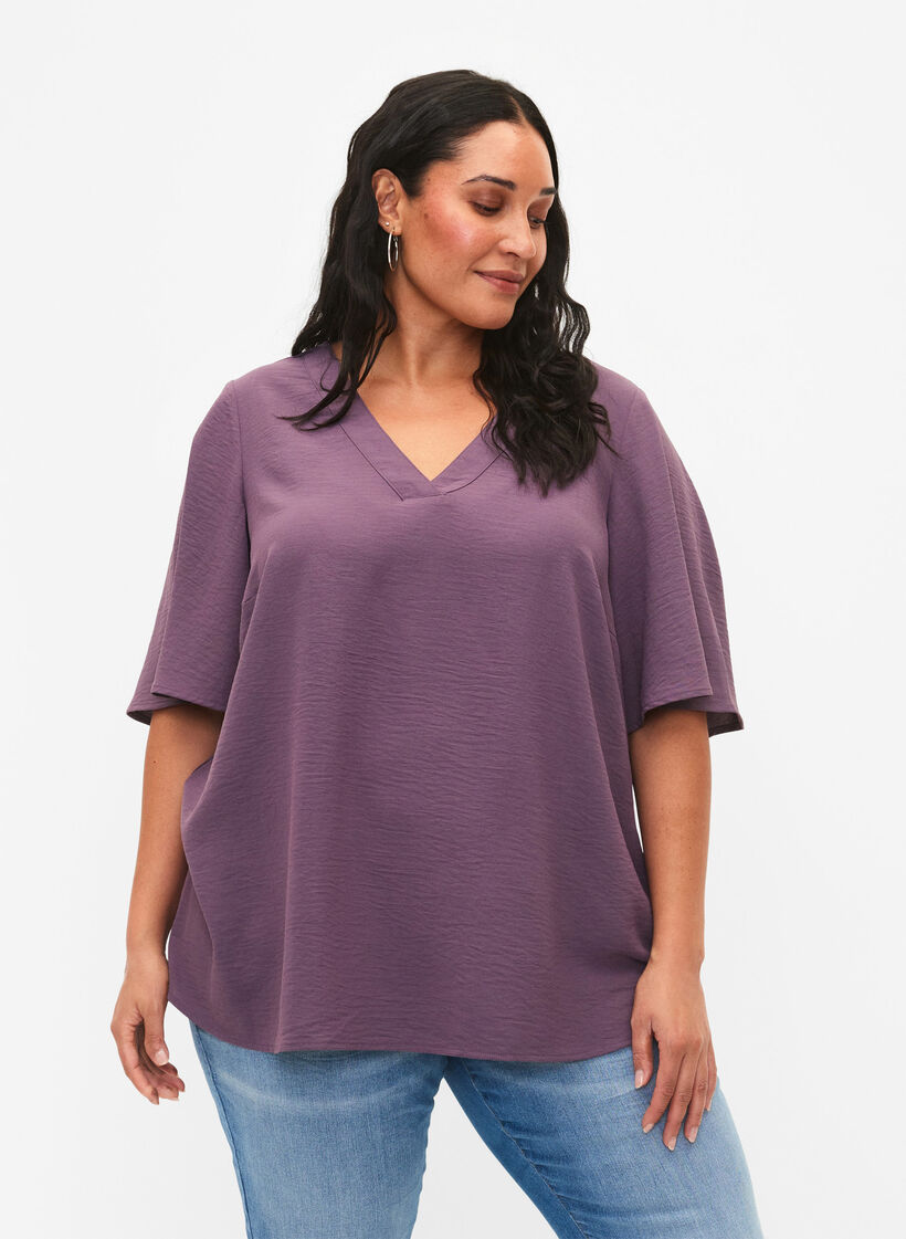 Kortermet bluse med A-fasong, Vintage Violet, Model image number 0