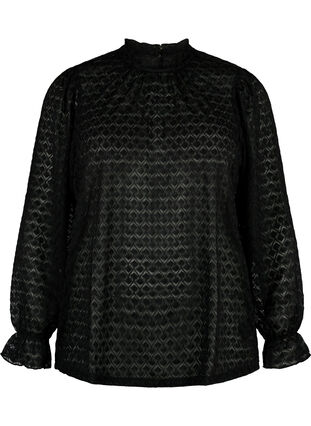 Bluse med lange ermer og mønstret tekstur, Black, Packshot image number 0