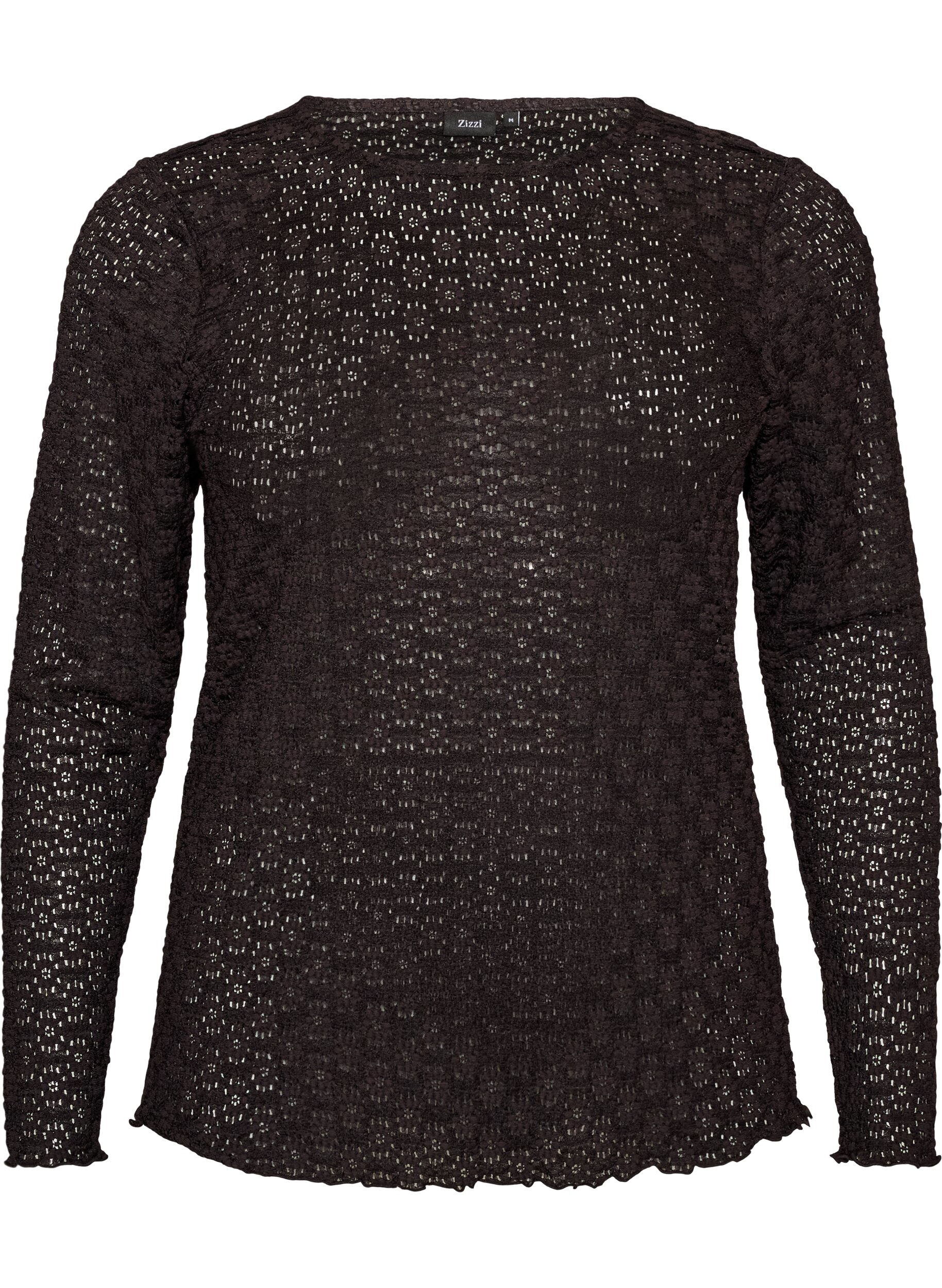 ZizziBluse med hullm&oslash;nster og lange ermer, Svart, Packshot image number 0