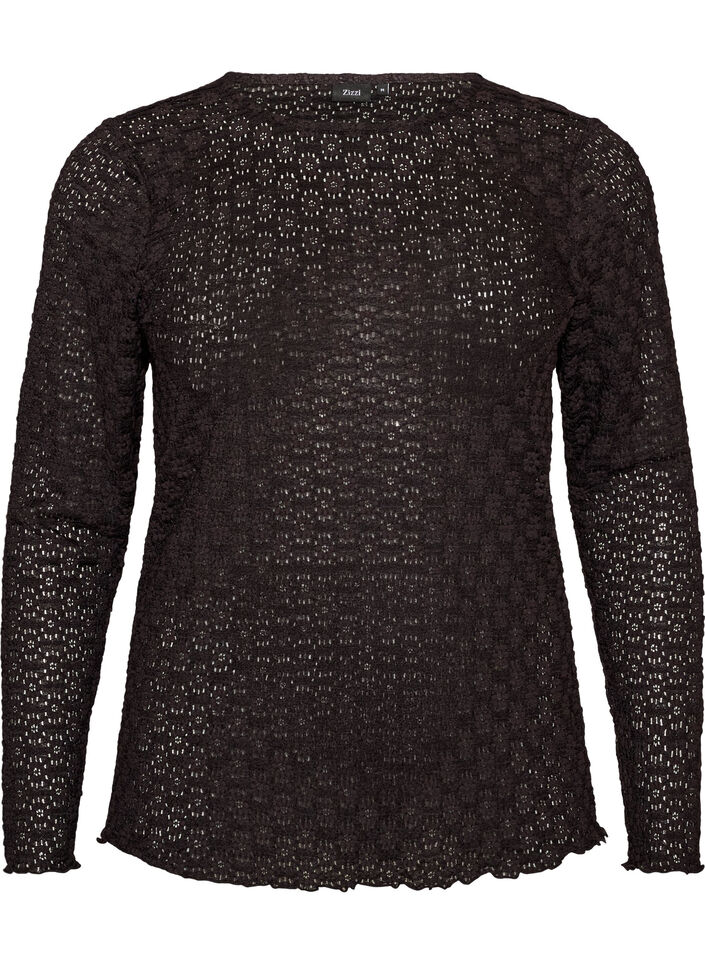 Bluse med hullm&oslash;nster og lange ermer, Svart, Packshot image number 0