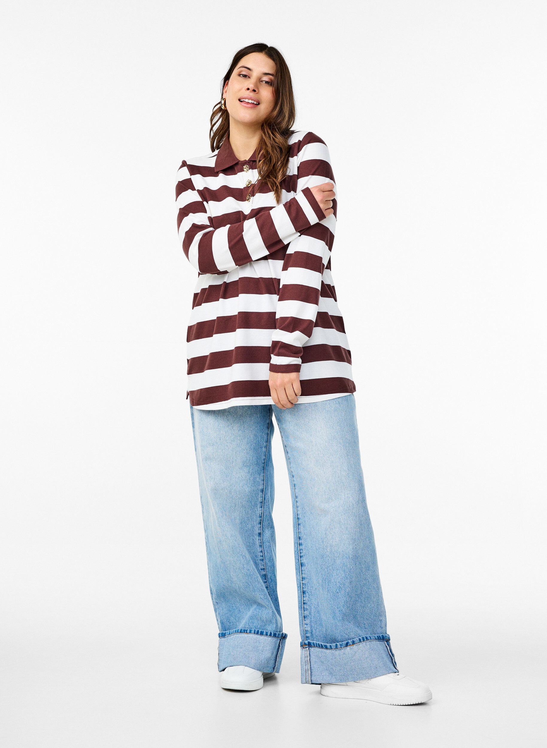 Zizzi Stripete poloskjorte med lange ermer, M&oslash;rk Bordeaux, Model image number 1